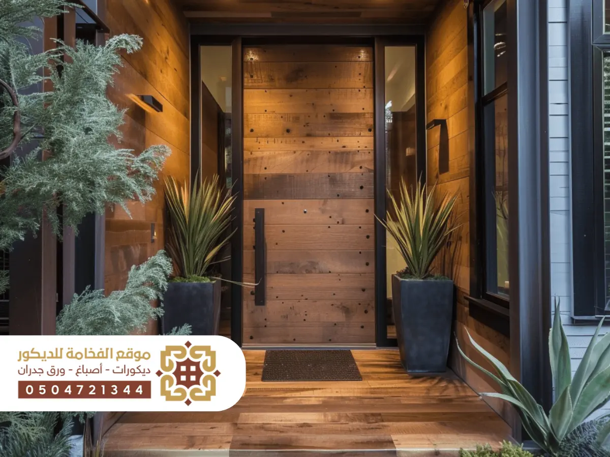 مدخل منزل خارجي بسيط ومستوي بدون درج مع تصميم هادئ وعصري