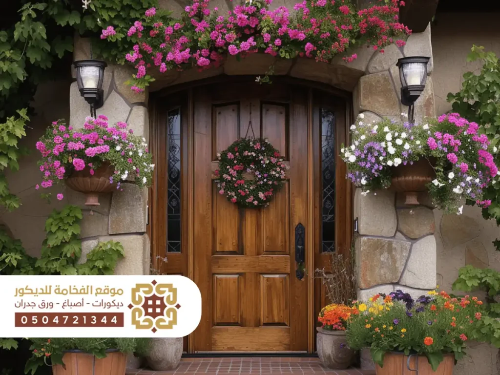 مدخل منزل خارجي بسيط مع درج وزهور ملونة